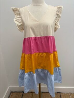 THML Cream Pink Yellow Blue Colorblock Tiered Mini Dress